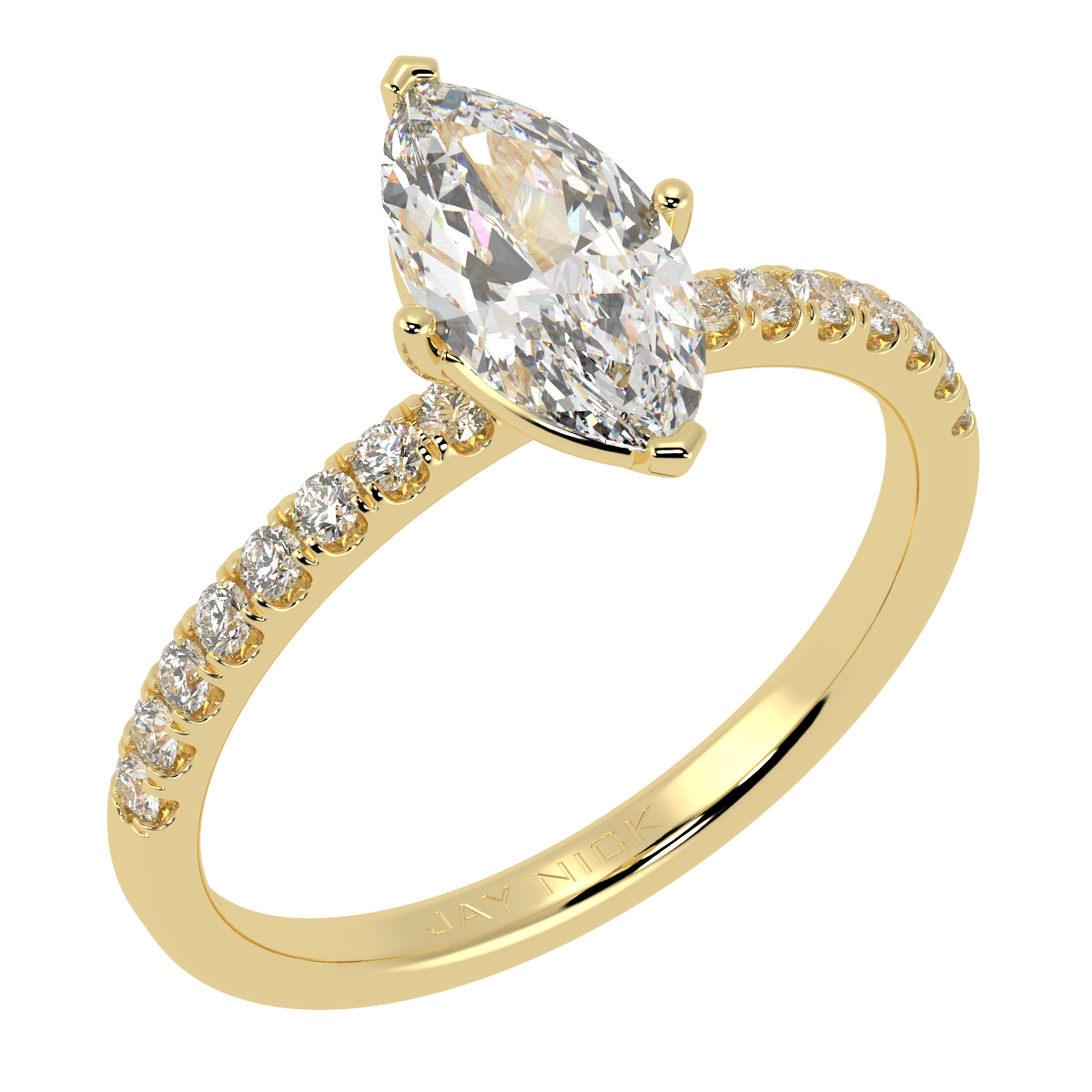 Modern Marquise Cut Diamond Shoulder Ring in yellow gold, perspective view