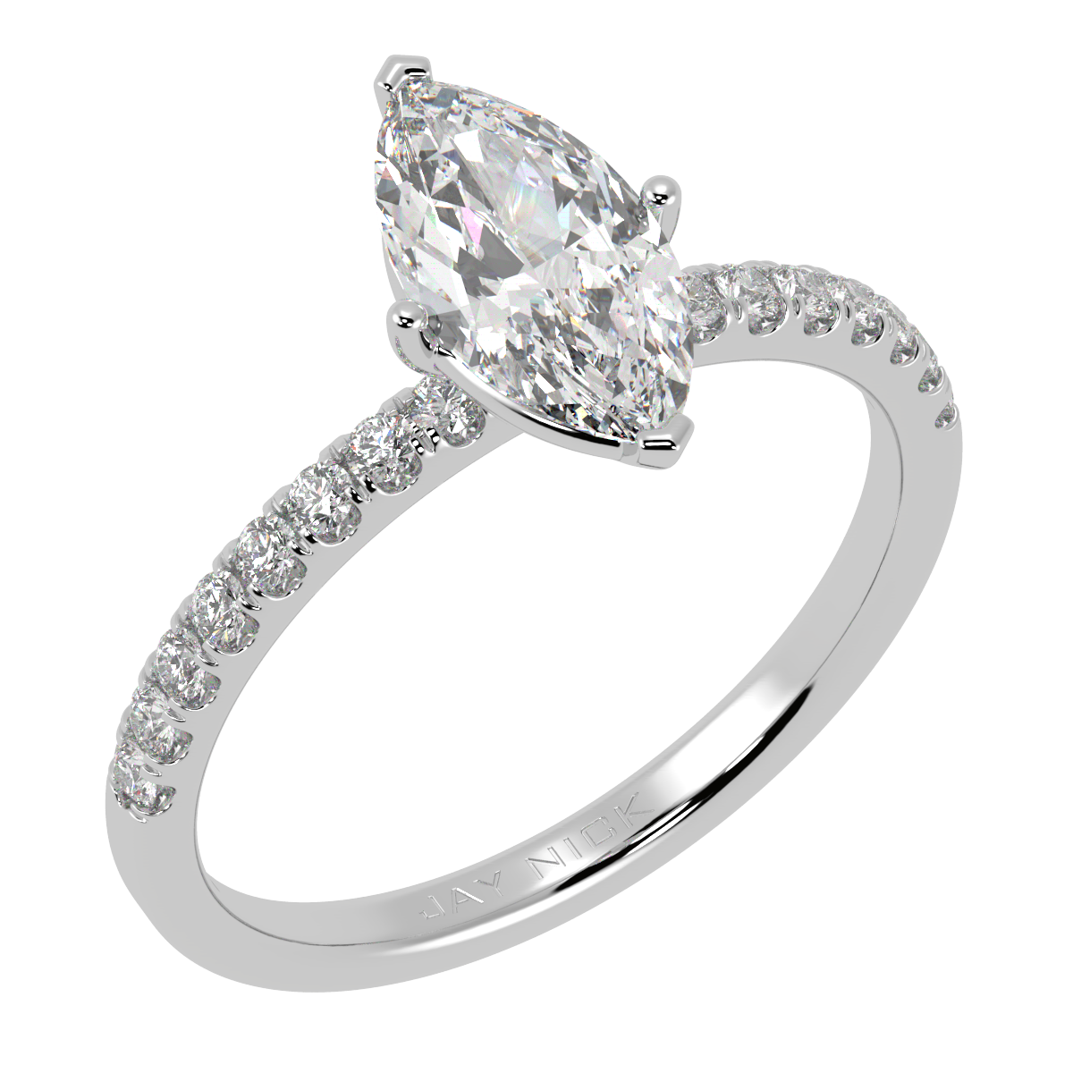 Modern Marquise Cut Diamond Shoulder Ring in white gold or platinum, perspective view