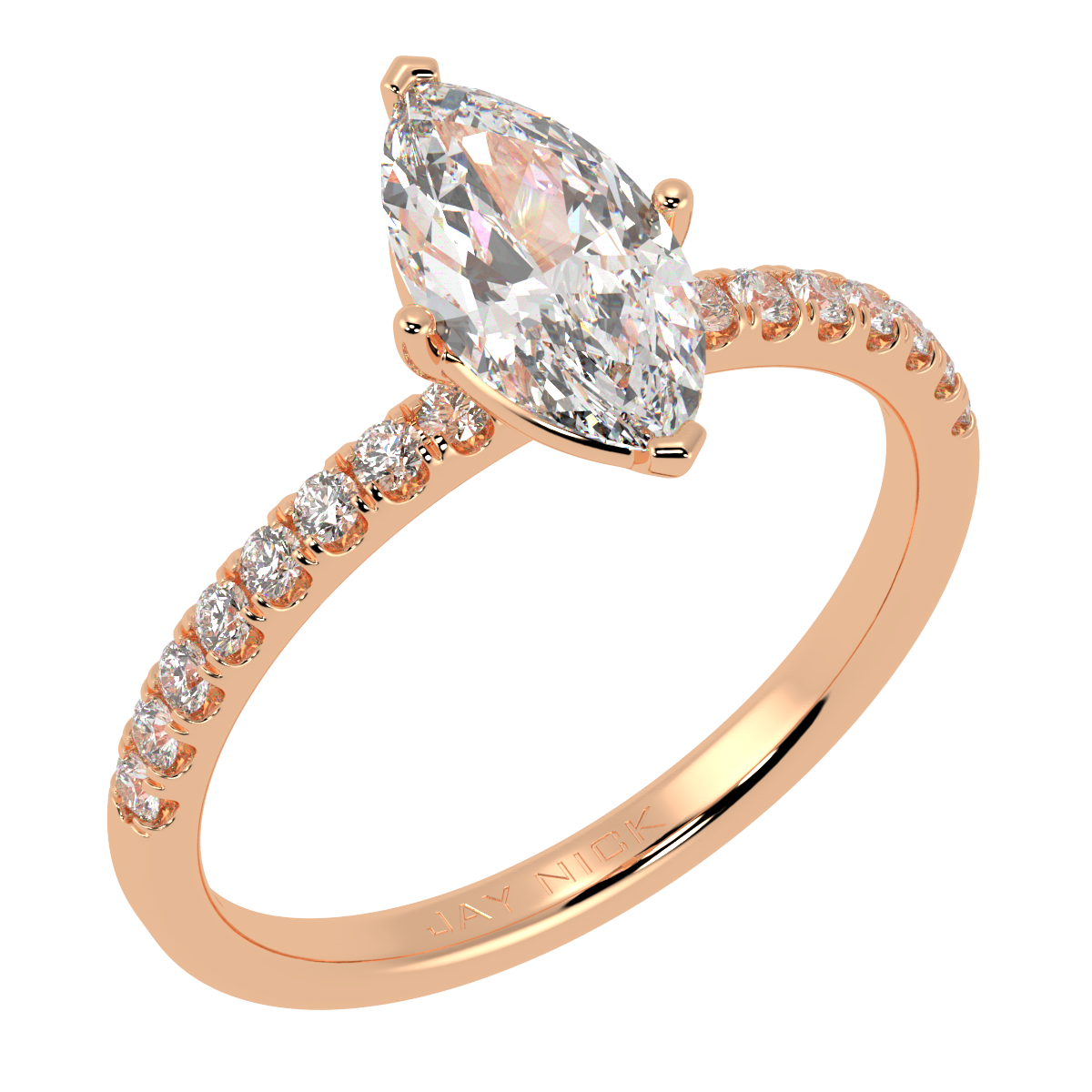 Modern Marquise Cut Diamond Shoulder Ring in rose gold, perspective view