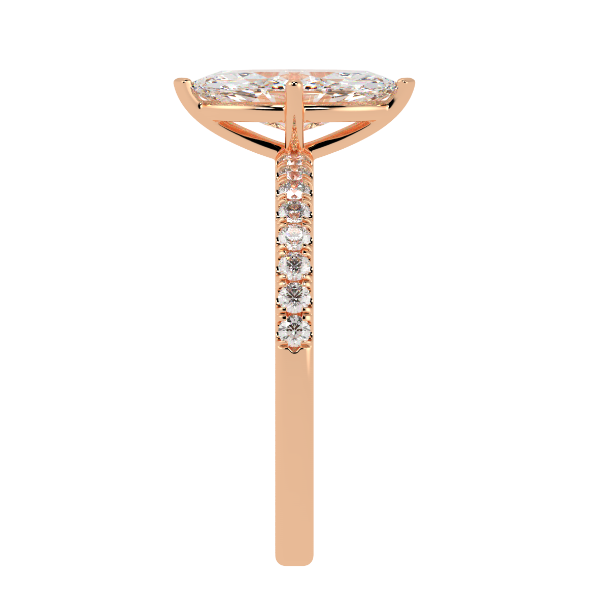 Modern Marquise Cut Diamond Shoulder Ring in rose gold, side view