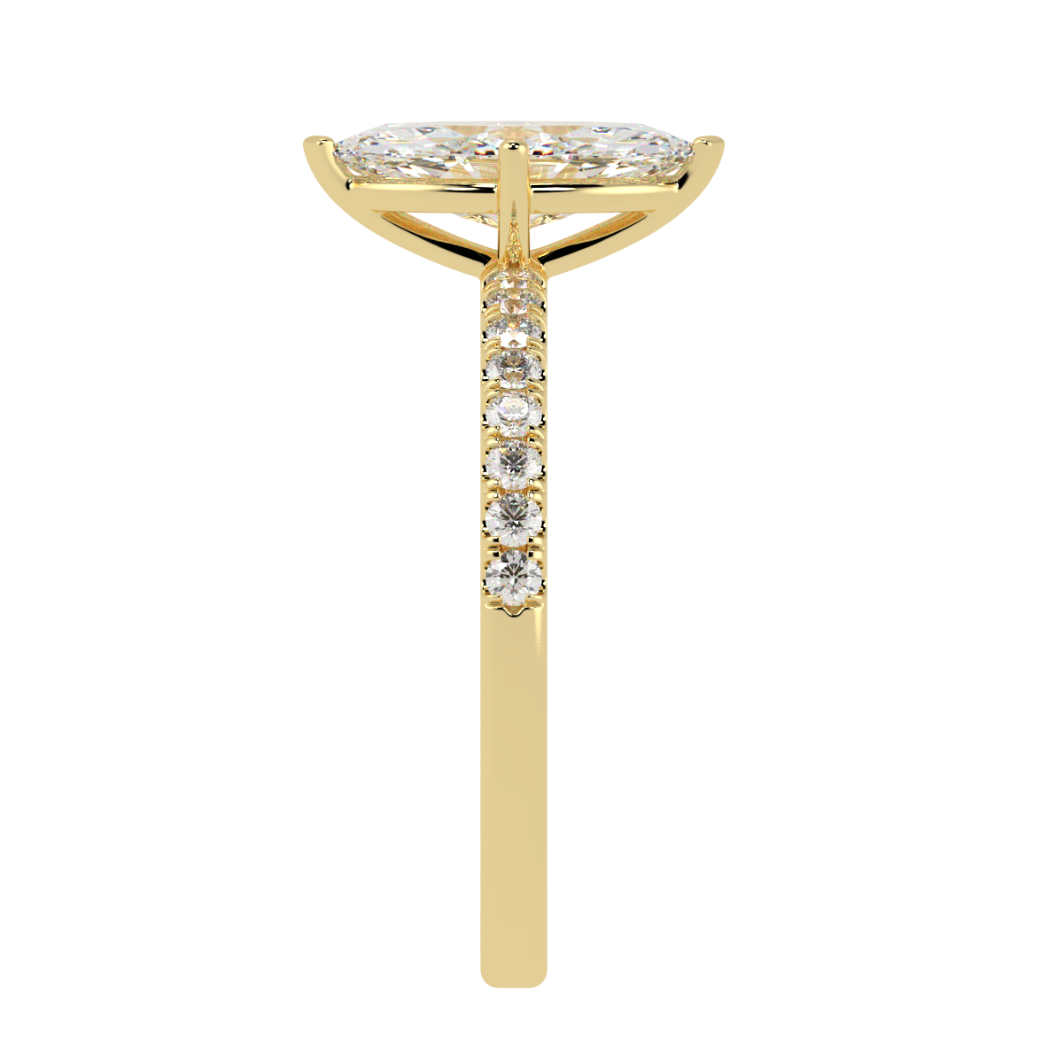 Modern Marquise Cut Diamond Shoulder Ring in yellow gold, side view