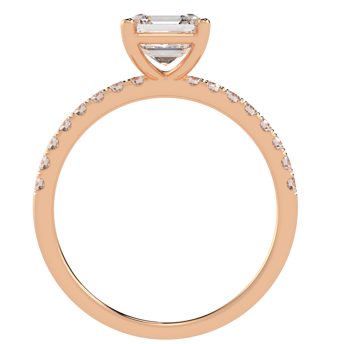 Modern Asscher Cut Diamond Shoulder Ring in rose gold, flat view