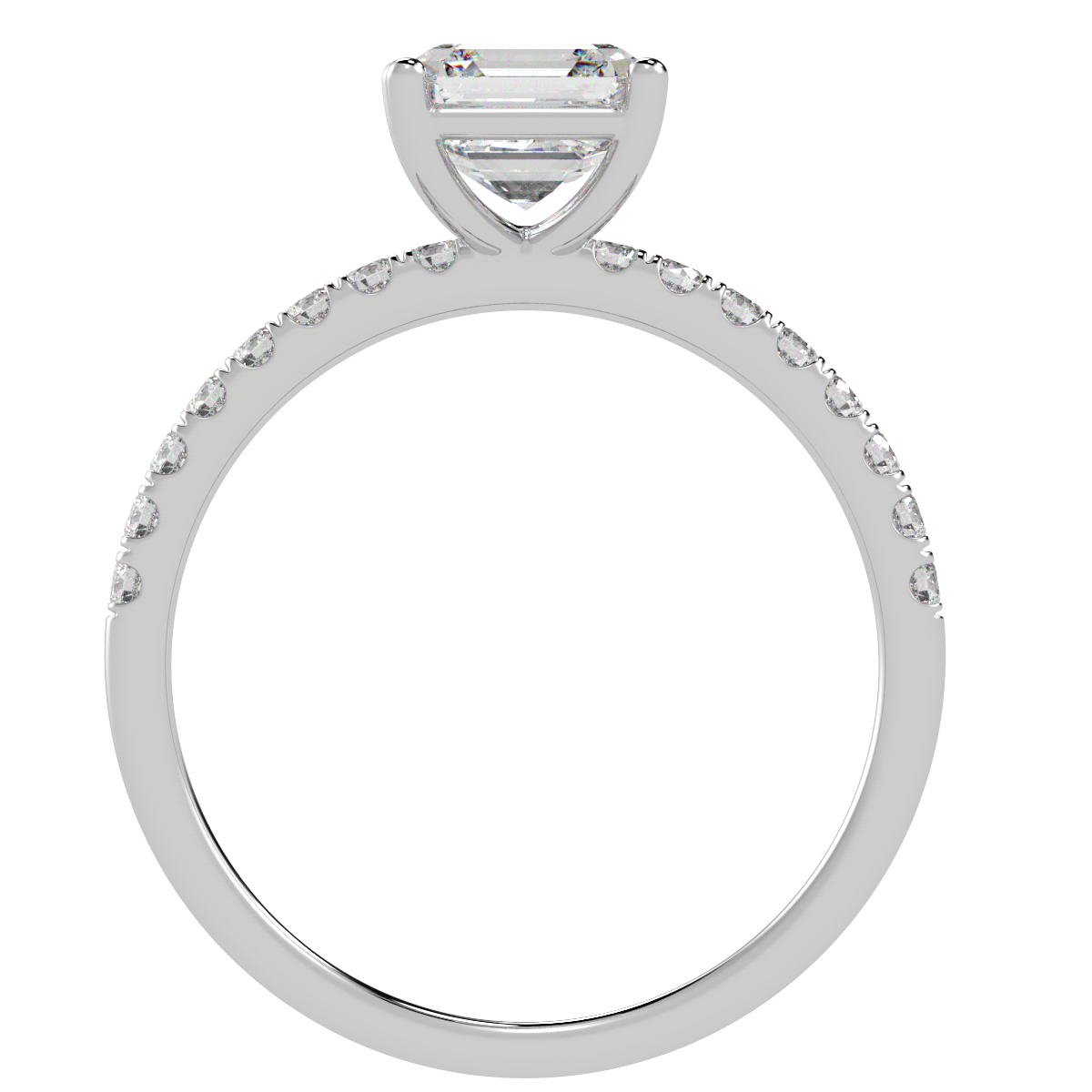 Modern Asscher Cut Diamond Shoulder Ring in white gold or platinum, flat view