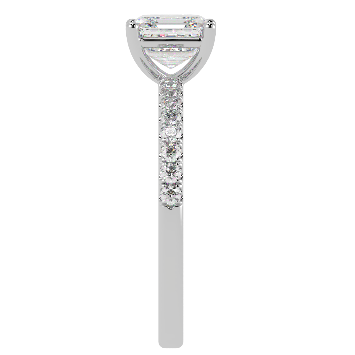Modern Asscher Cut Diamond Shoulder Ring in white gold or platinum, side view