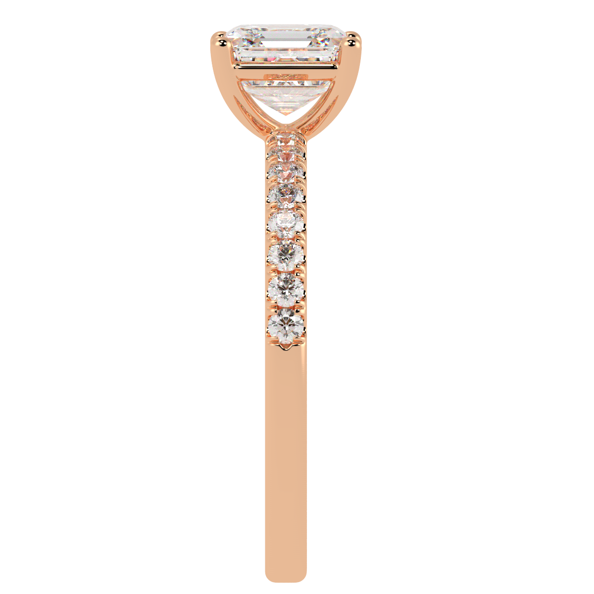 Modern Asscher Cut Diamond Shoulder Ring in rose gold, side view