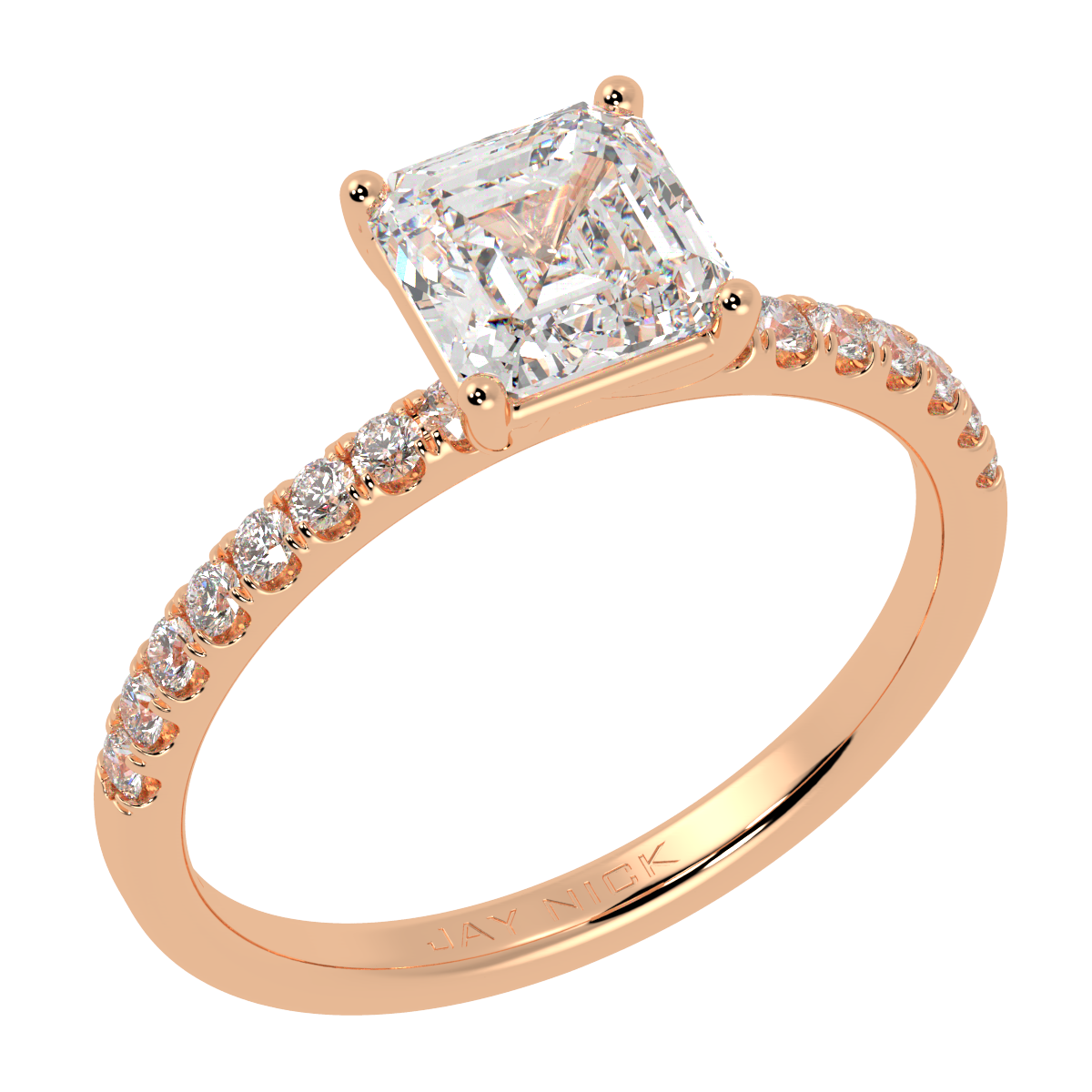 Modern Asscher Cut Diamond Shoulder Ring in rose gold, perspective view