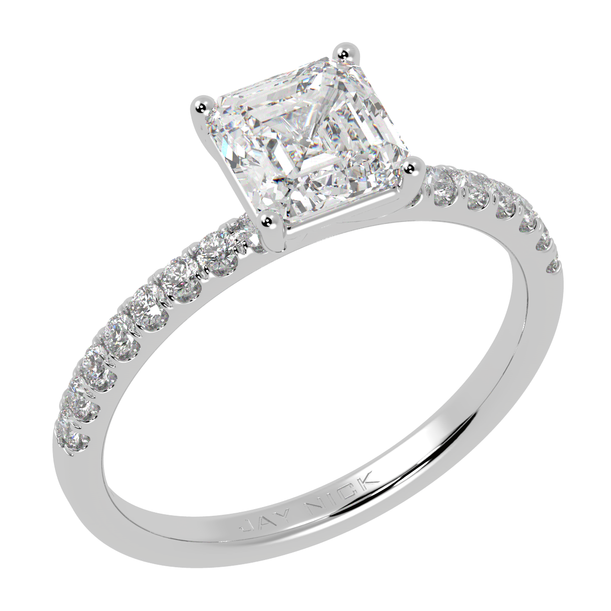 Modern Asscher Cut Diamond Shoulder Ring in white gold or platinum, perspective view