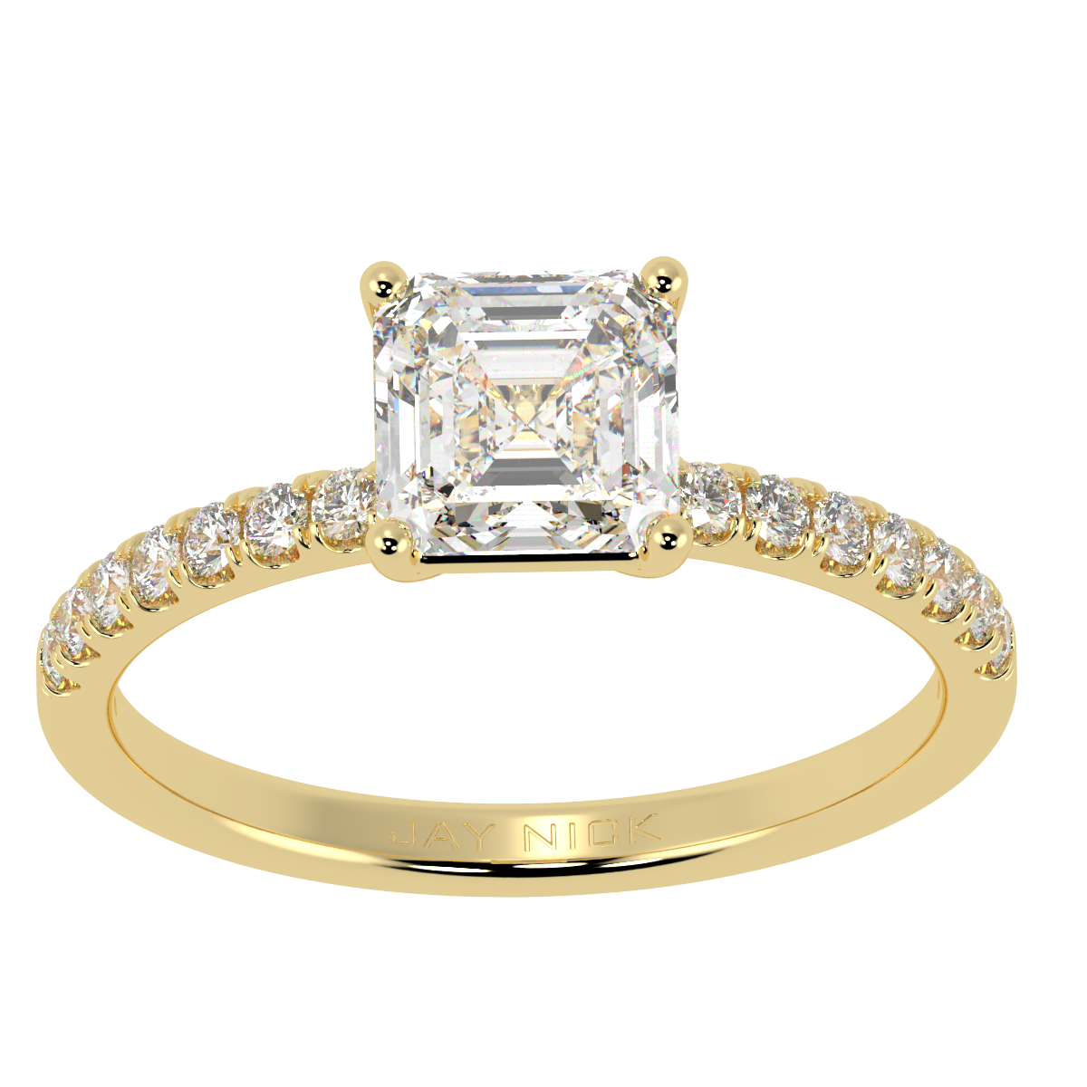 Modern Asscher Cut Diamond Shoulder Ring in yellow gold, top view