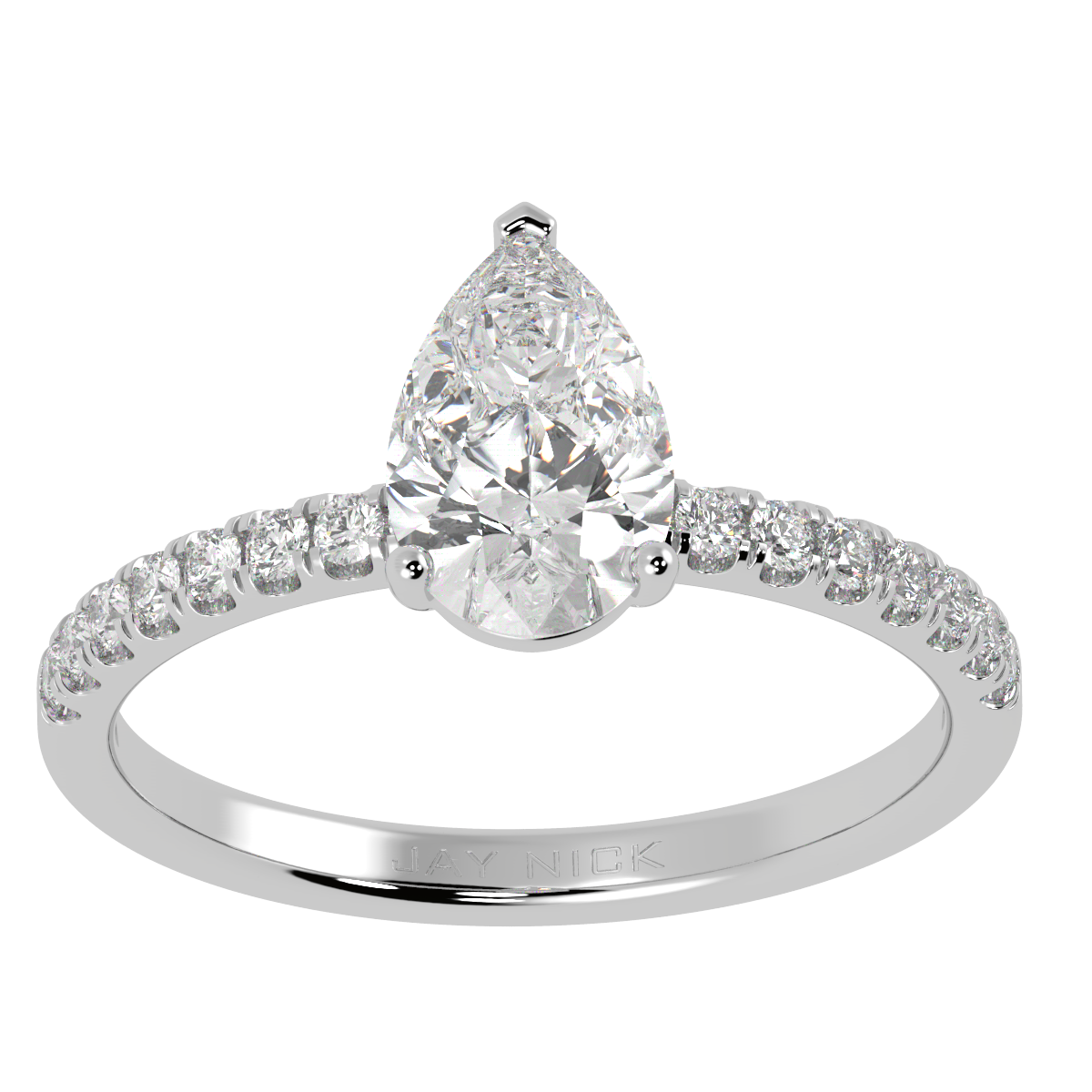 Modern Pear Cut Diamond Shoulder Ring in white gold or platinum, top view