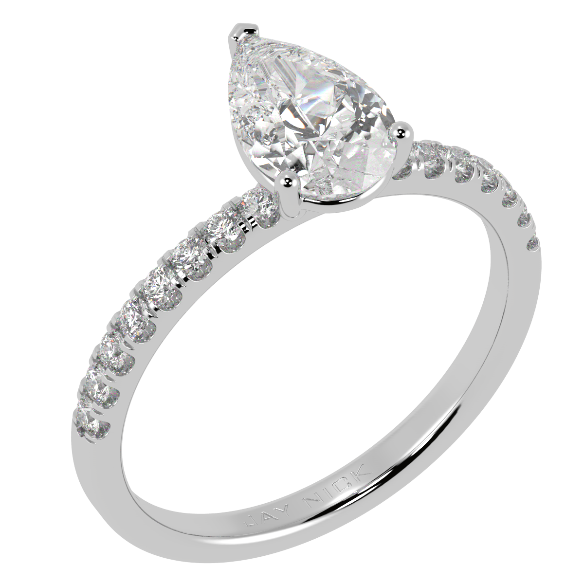 Modern Pear Cut Diamond Shoulder Ring in white gold or platinum, perspective view