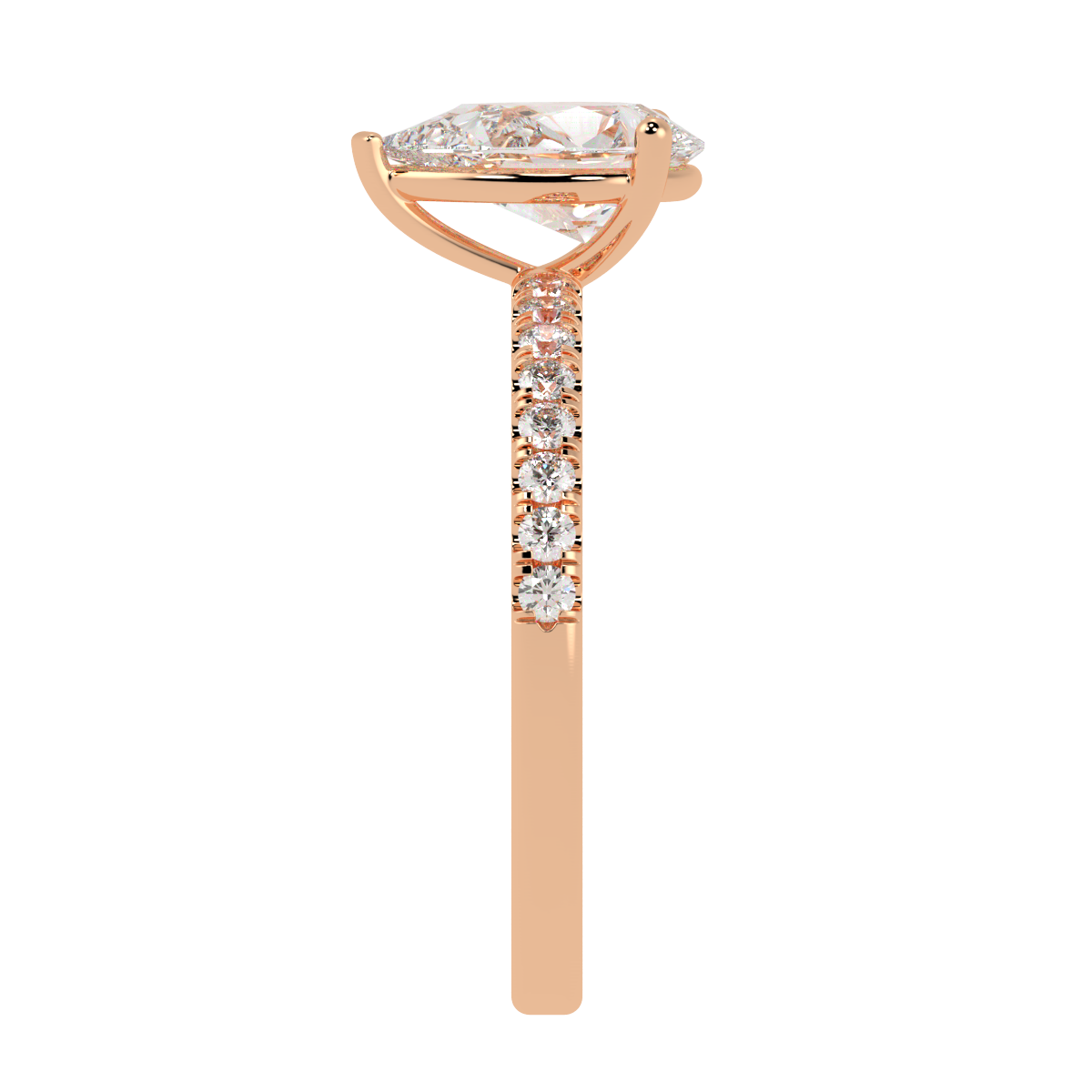 Modern Pear Cut Diamond Shoulder Ring in rose gold, side view