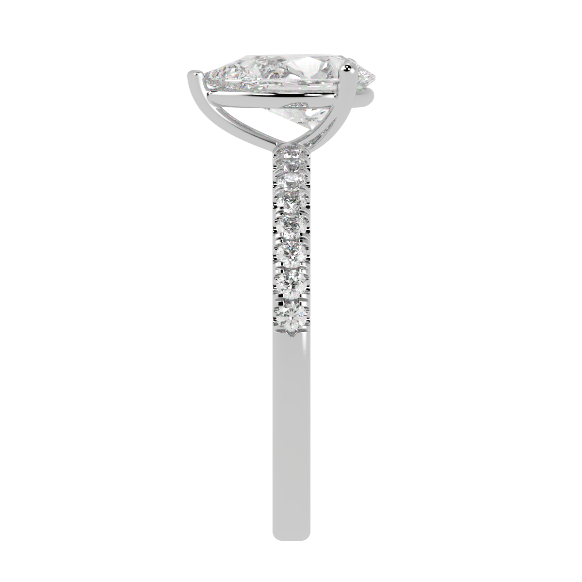 Modern Pear Cut Diamond Shoulder Ring in white gold or platinum, side view