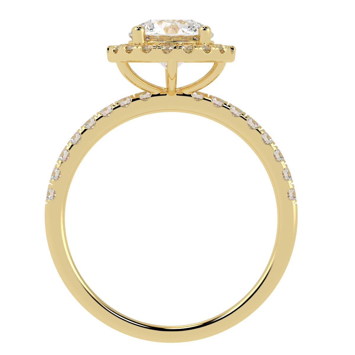Modern Round Cut Halo Ring in yellow gold, flat view