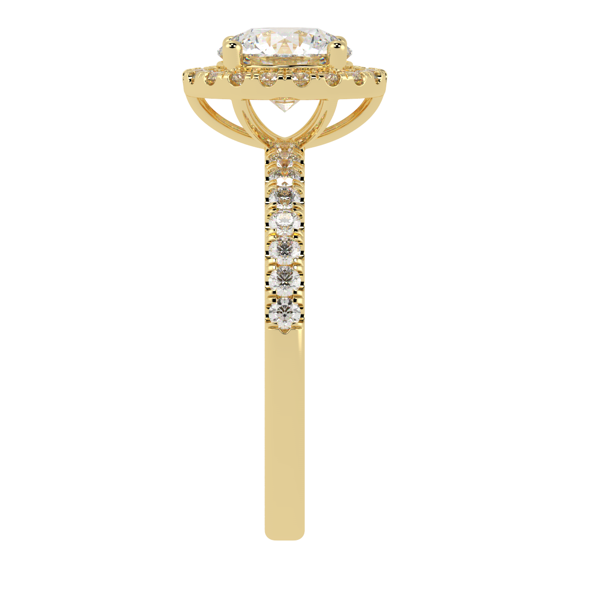 Modern Round Cut Halo Ring in yellow gold, side view