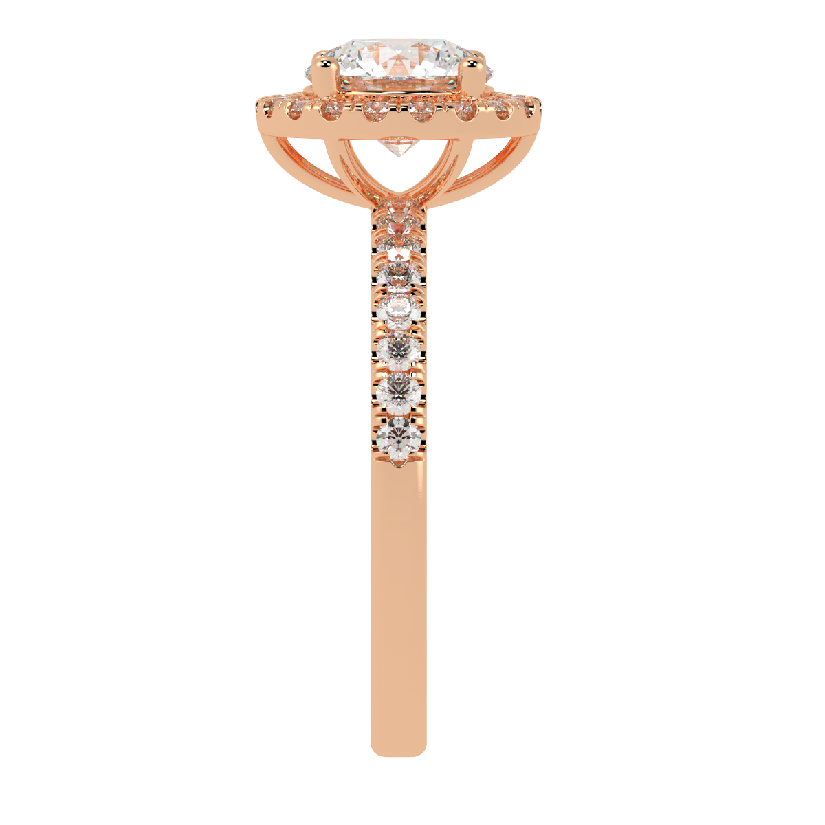Modern Round Cut Halo Ring in rose gold, side view