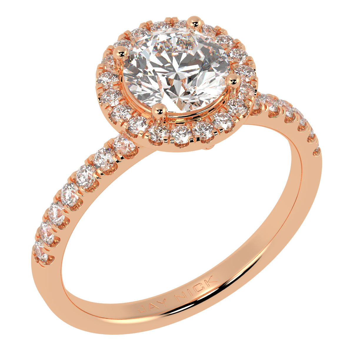 Modern Round Cut Halo Ring in rose gold, perspective view
