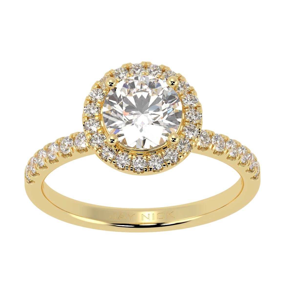 Modern Round Cut Halo Ring in yellow gold, top view