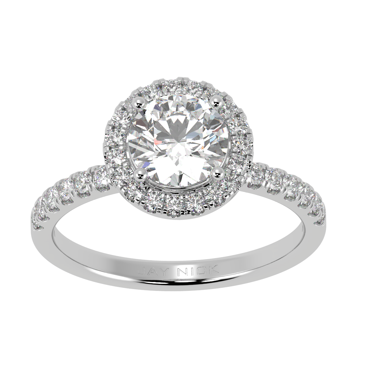 Modern Round Cut Halo Ring in white gold or platinum, top view