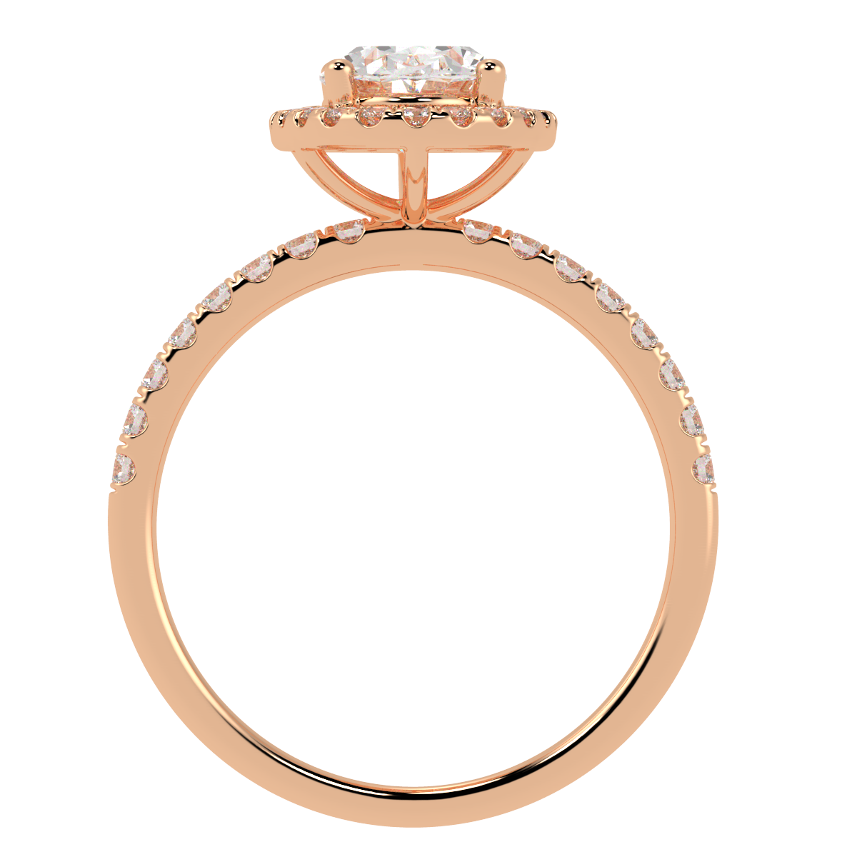 Modern Oval Cut Halo Ring in rose gold, flat view