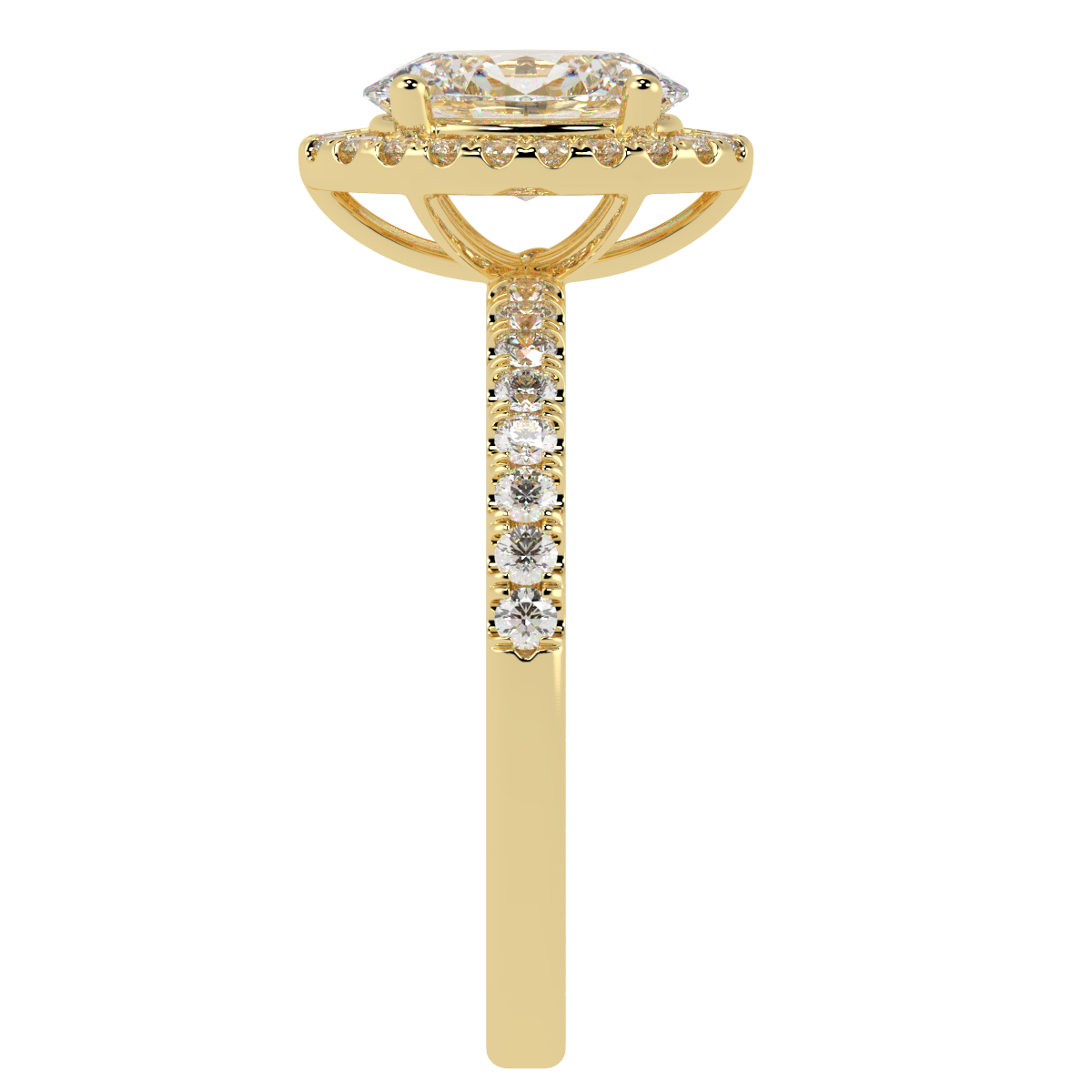 Modern Oval Cut Halo Ring in yellow gold, side view