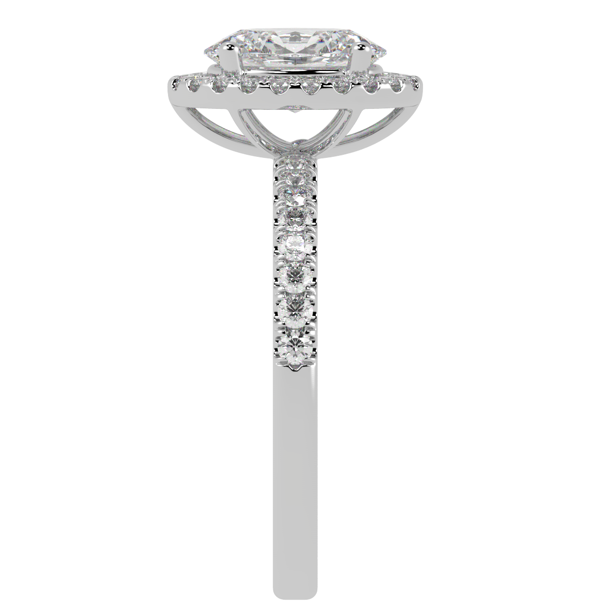 Modern Oval Cut Halo Ring in white gold or platinum, side view