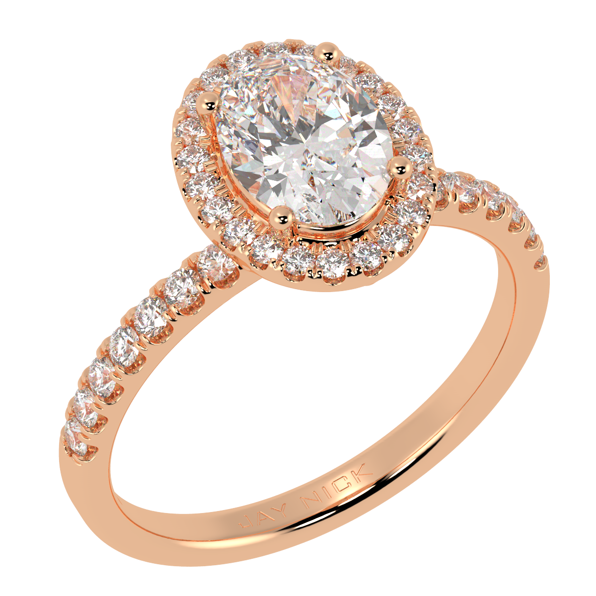 Modern Oval Cut Halo Ring in rose gold, perspective view