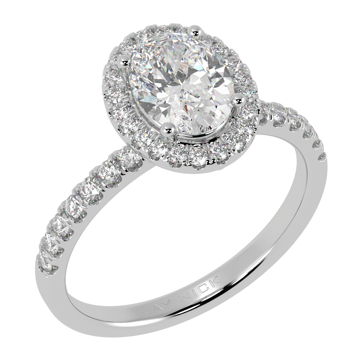 Modern Oval Cut Halo Ring in white gold or platinum, perspective view