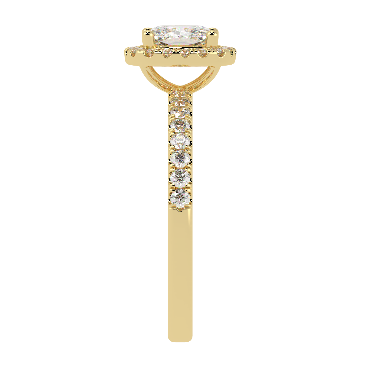 Modern Cushion Cut Halo Ring in yellow gold, side view