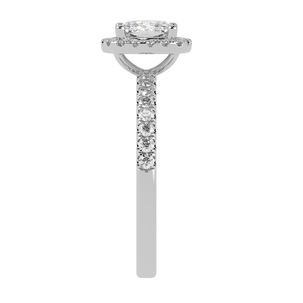 Modern Cushion Cut Halo Ring in white gold or platinum, side view