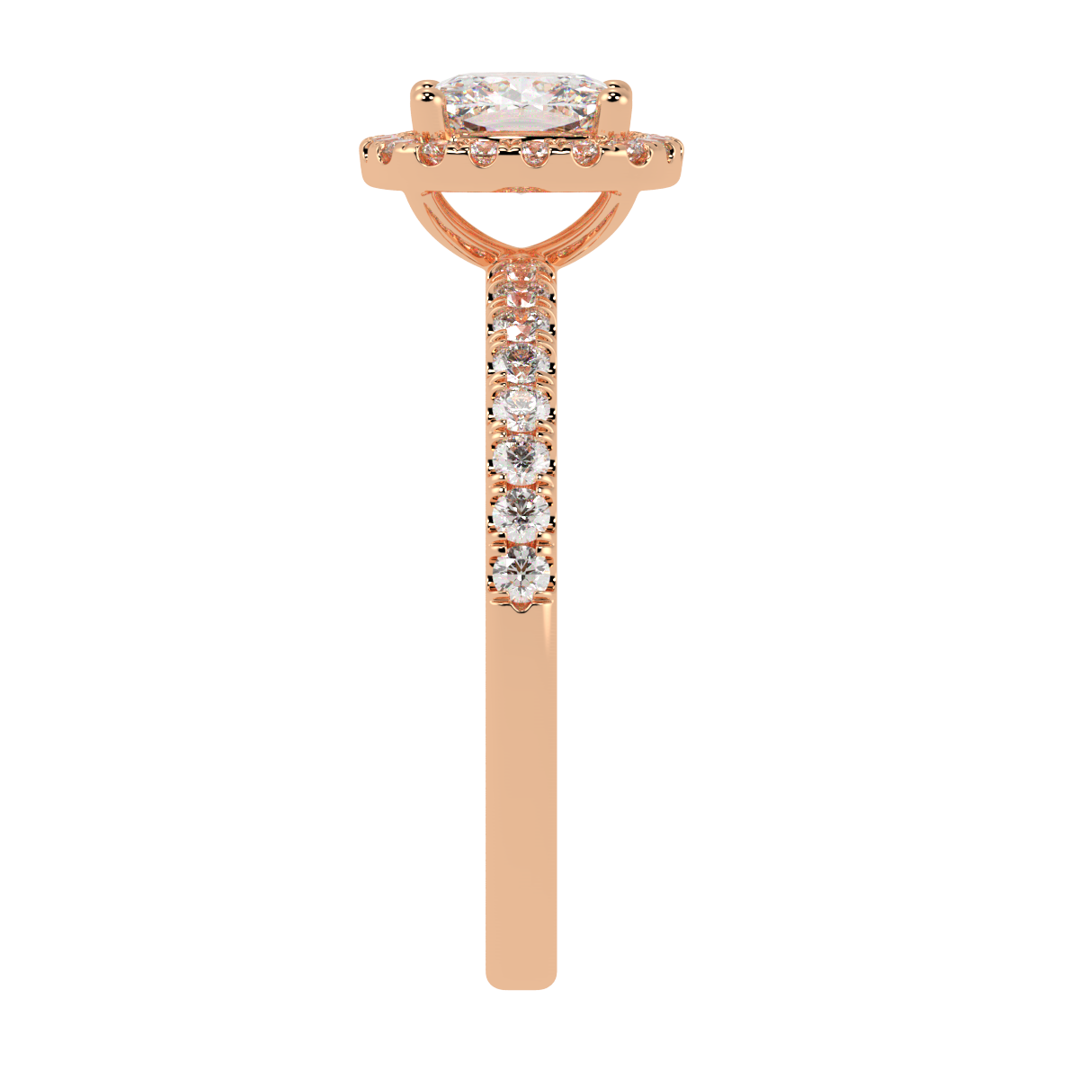 Modern Cushion Cut Halo Ring in rose gold, side view