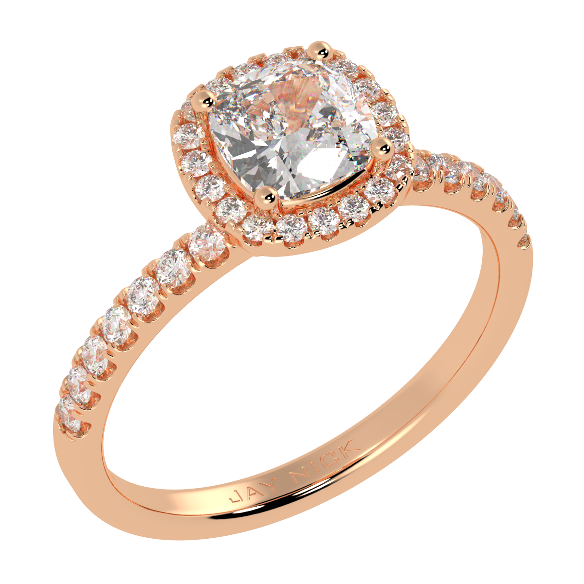 Modern Cushion Cut Halo Ring in rose gold, perspective view