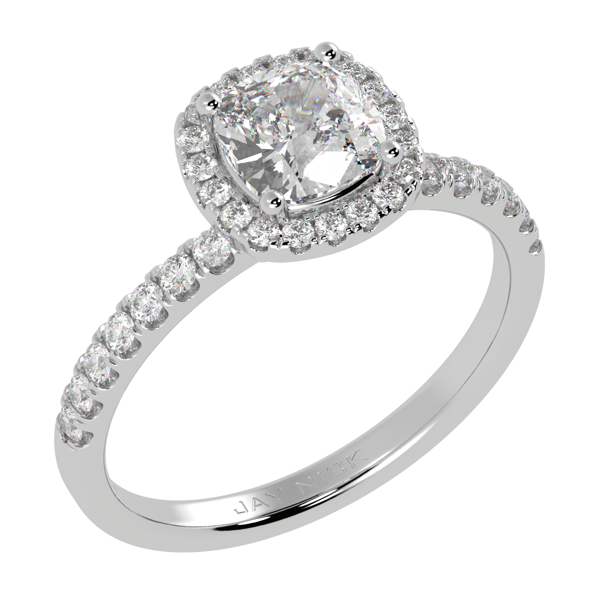 Modern Cushion Cut Halo Ring in white gold or platinum, perspective view