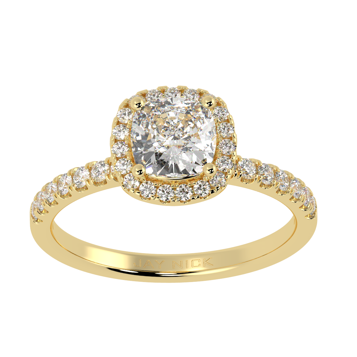 Modern Cushion Cut Halo Ring in yellow gold, top view