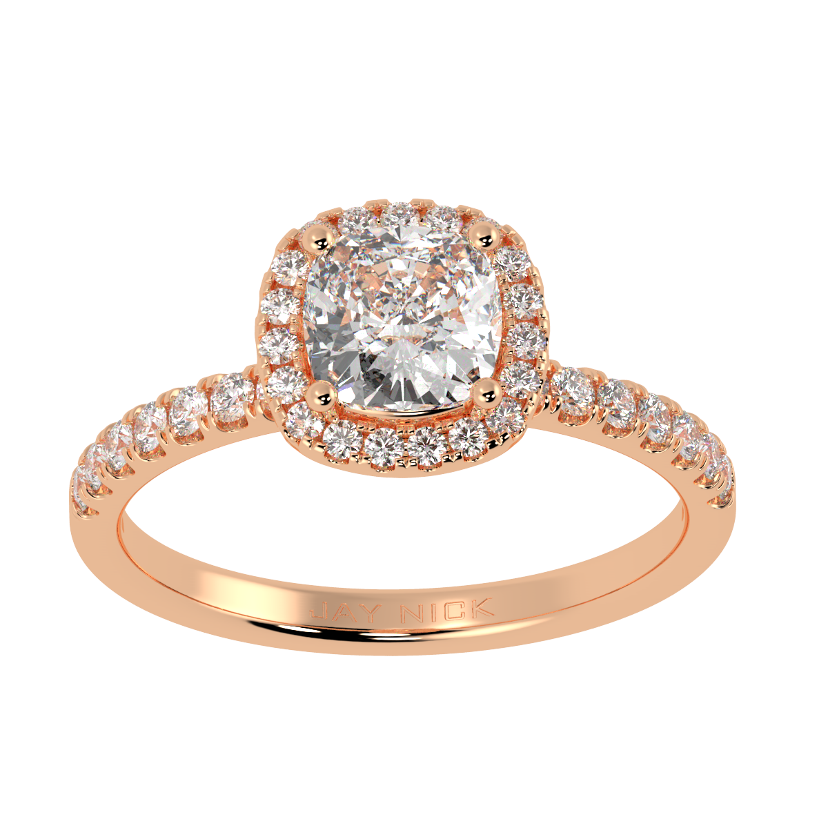 Modern Cushion Cut Halo Ring in rose gold, top view
