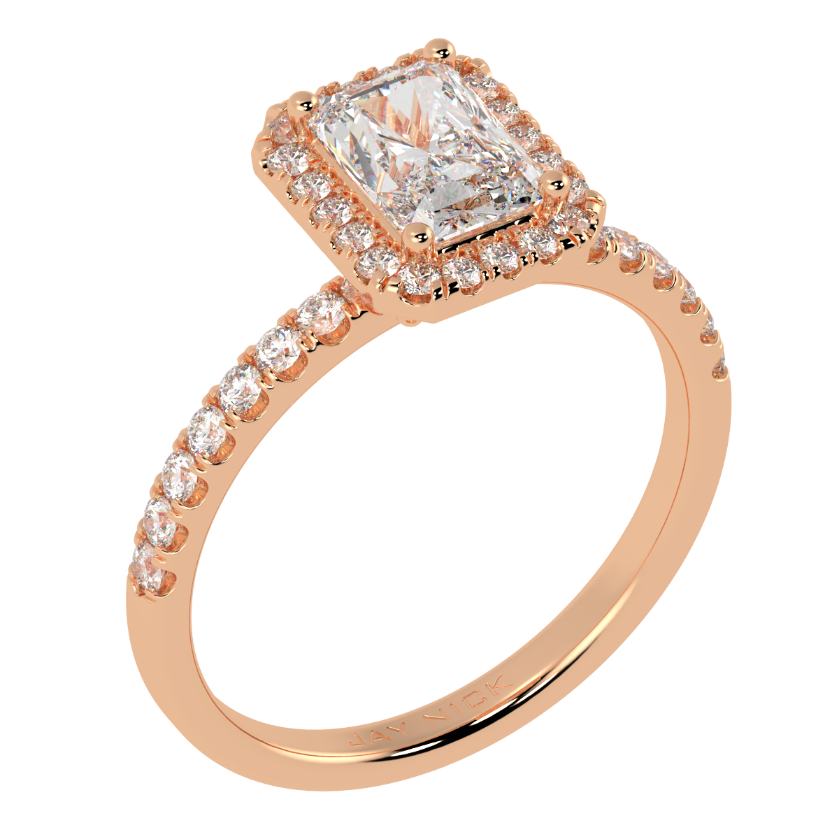 Modern Radiant Cut Halo Ring in rose gold, perspective view