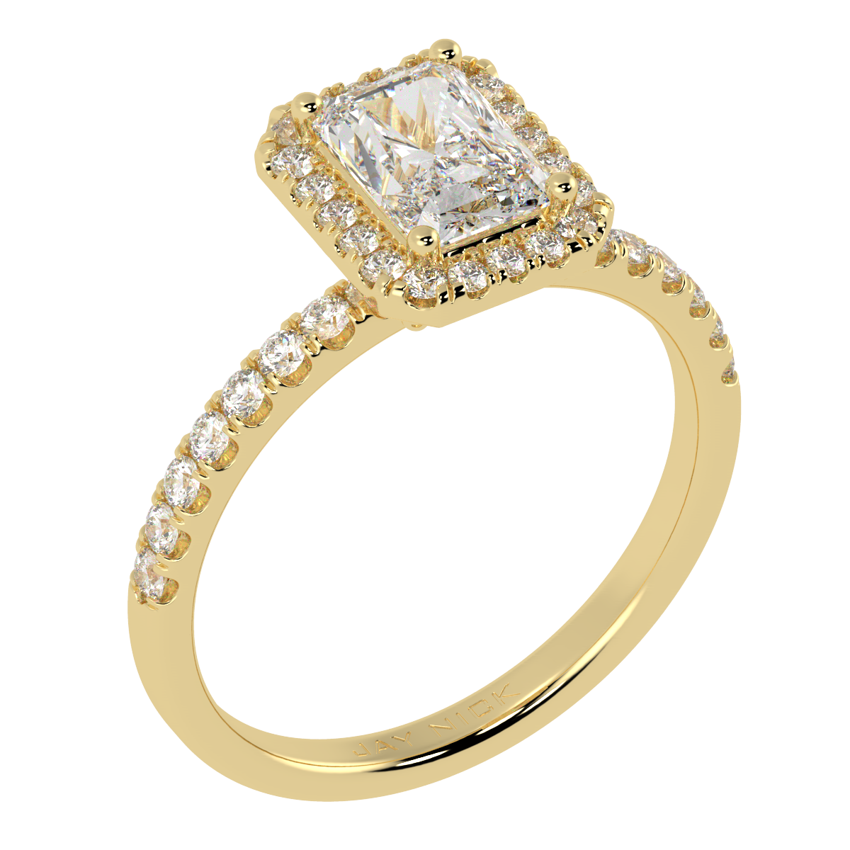 Modern Radiant Cut Halo Ring in yellow gold, perspective view