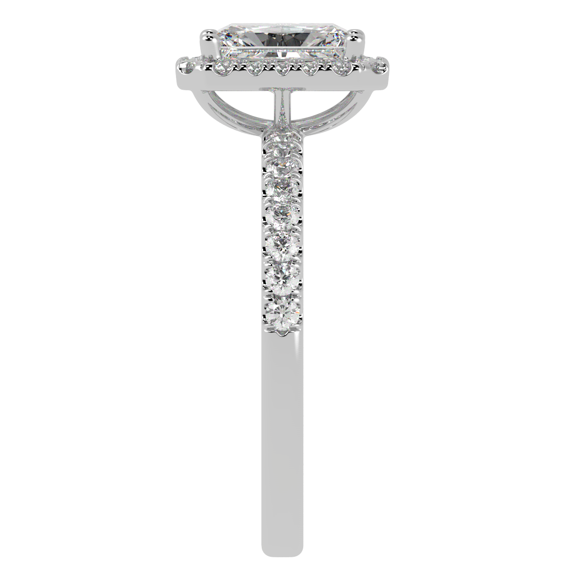 Modern Radiant Cut Halo Ring in white gold or platinum, side view