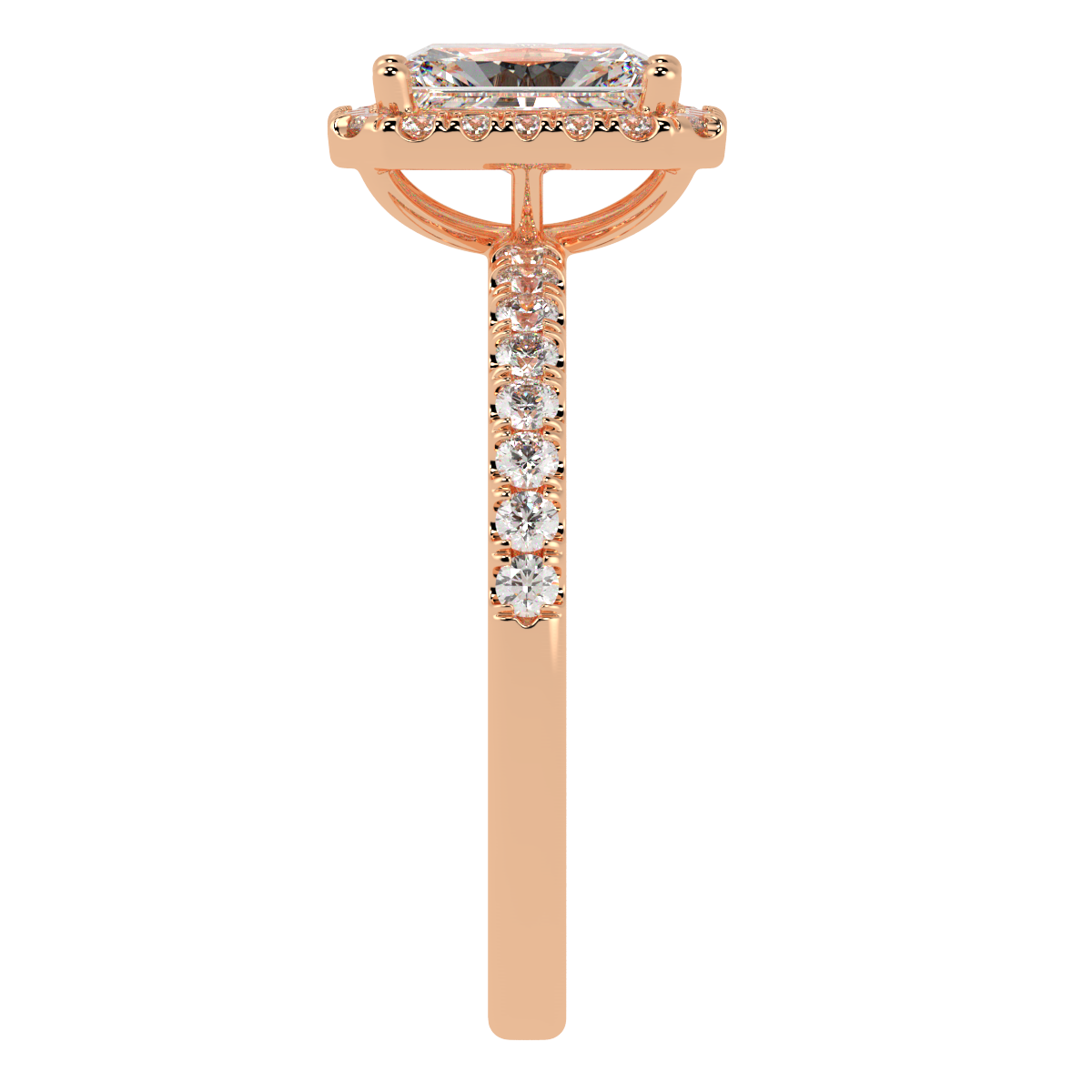 Modern Radiant Cut Halo Ring in rose gold, side view