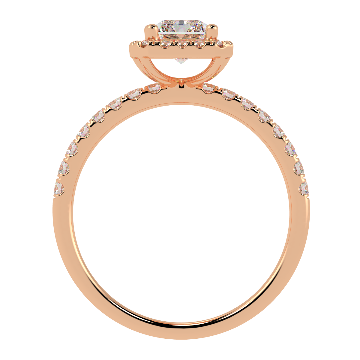 Modern Radiant Cut Halo Ring in rose gold, flat view