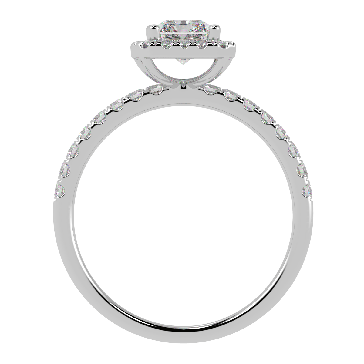 Modern Radiant Cut Halo Ring in white gold or platinum, flat view