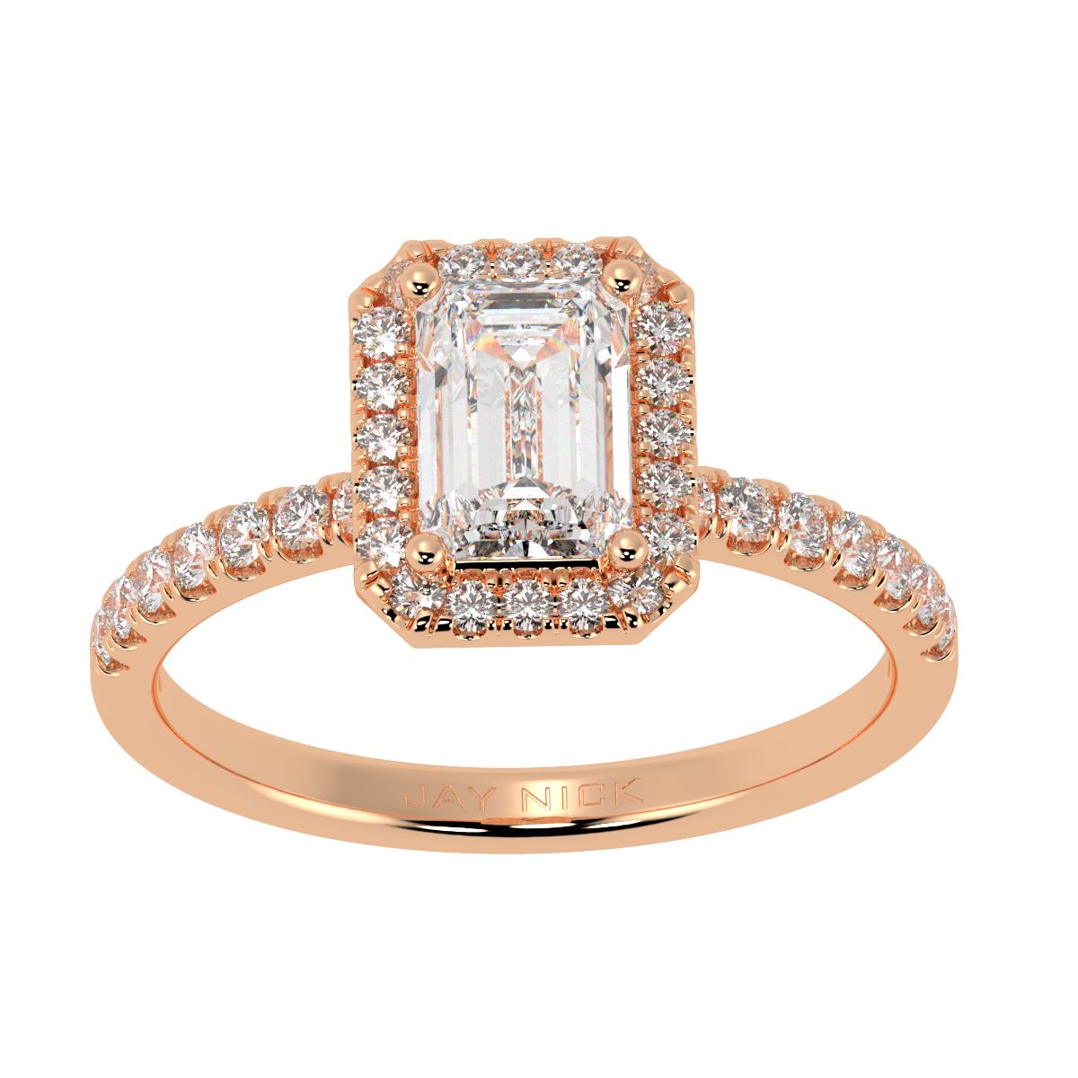 Modern Emerald Cut Halo Ring in rose gold, top view