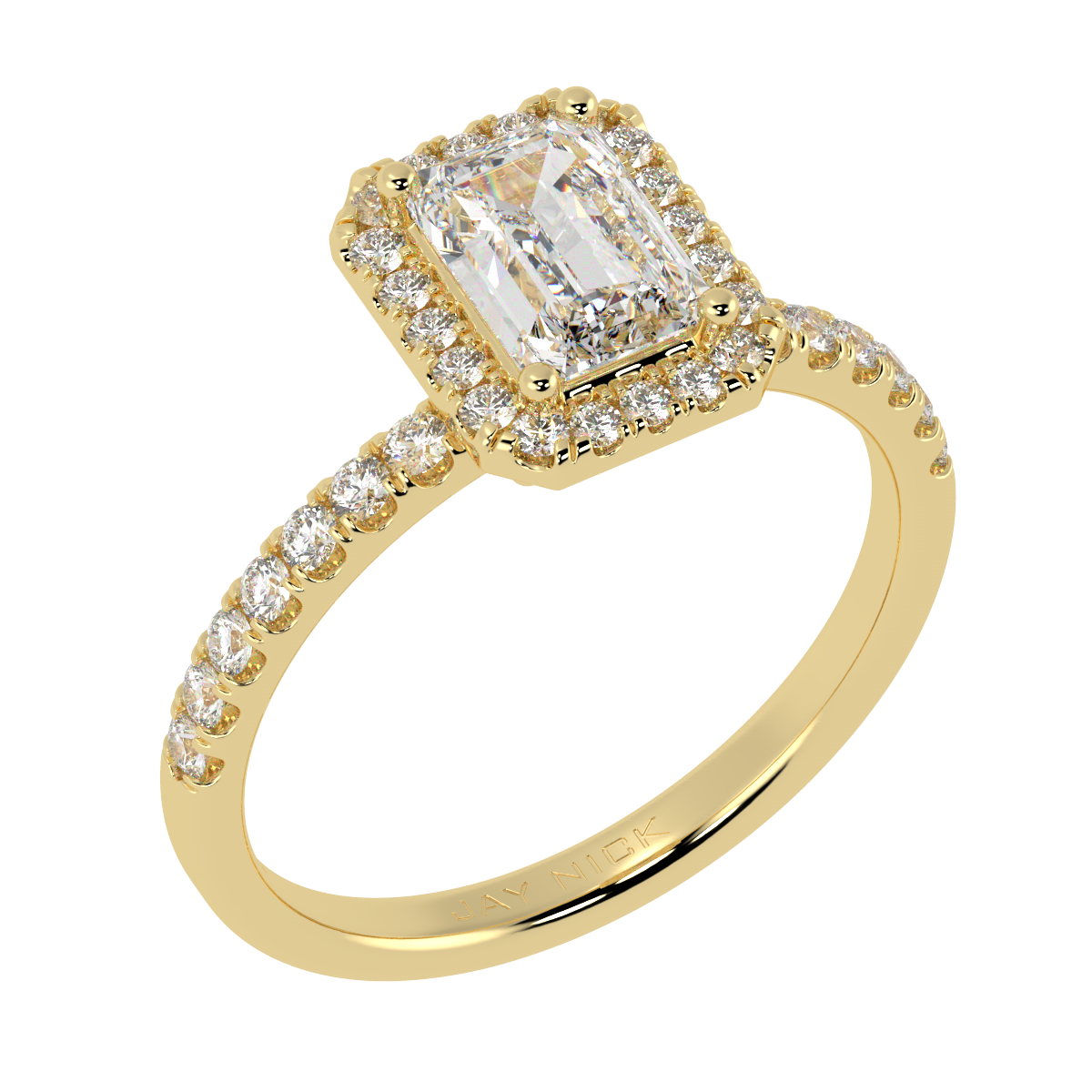 Modern Emerald Cut Halo Ring in yellow gold, perspective view