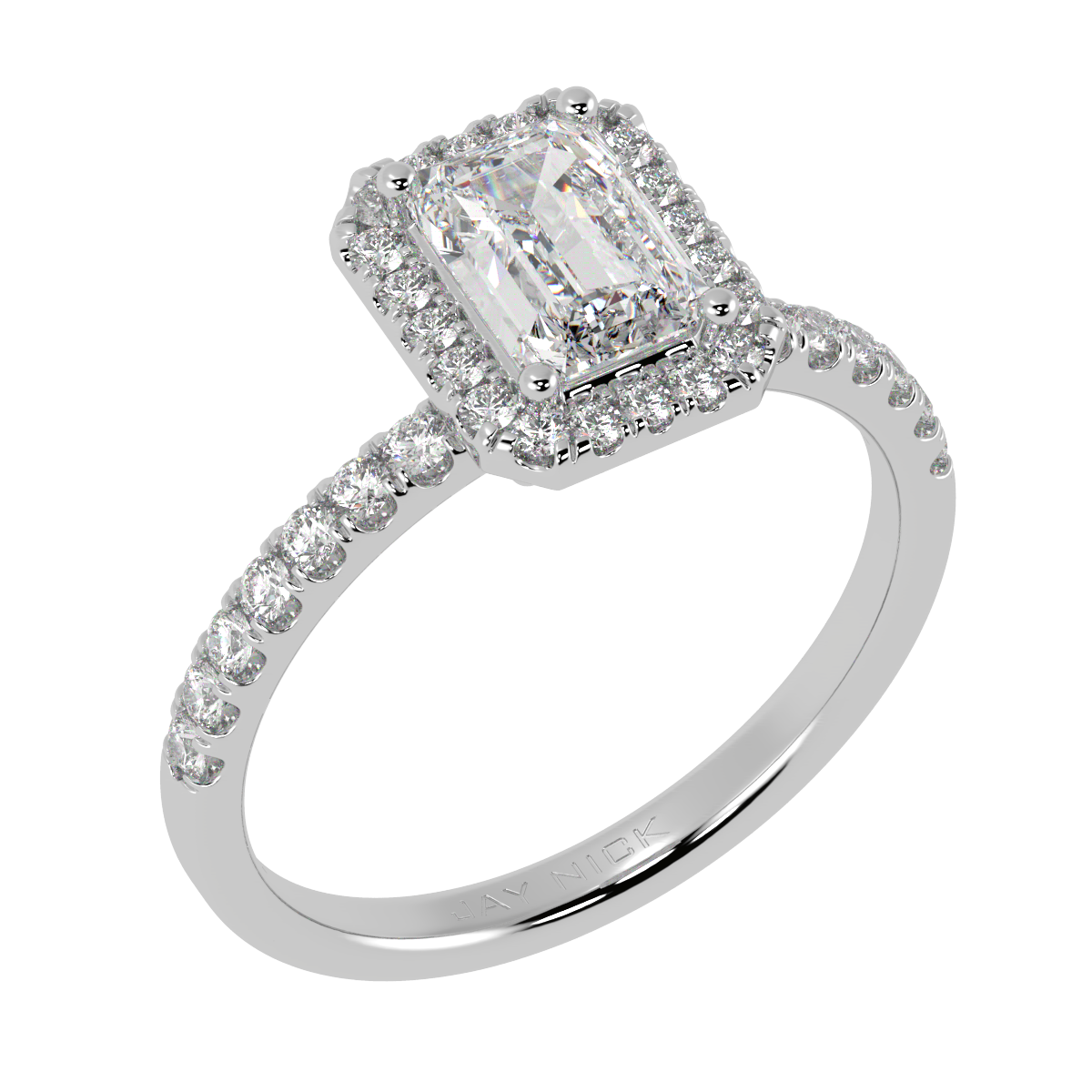 Modern Emerald Cut Halo Ring in white gold or platinum, perspective view
