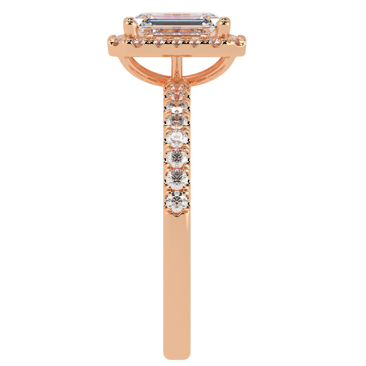 Modern Emerald Cut Halo Ring in rose gold, side view