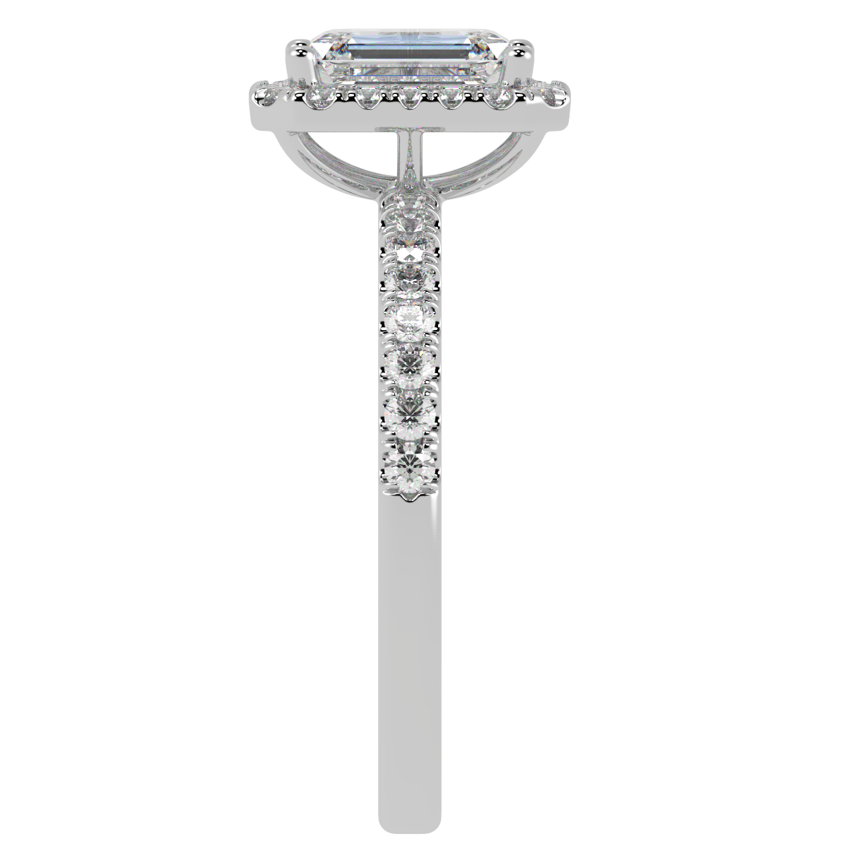 Modern Emerald Cut Halo Ring in white gold or platinum, side view