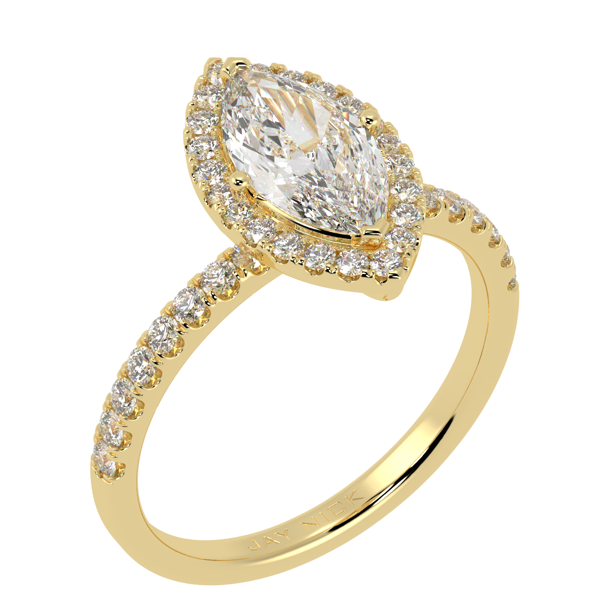 Modern Marquise Cut Halo Ring in yellow gold, perspective view
