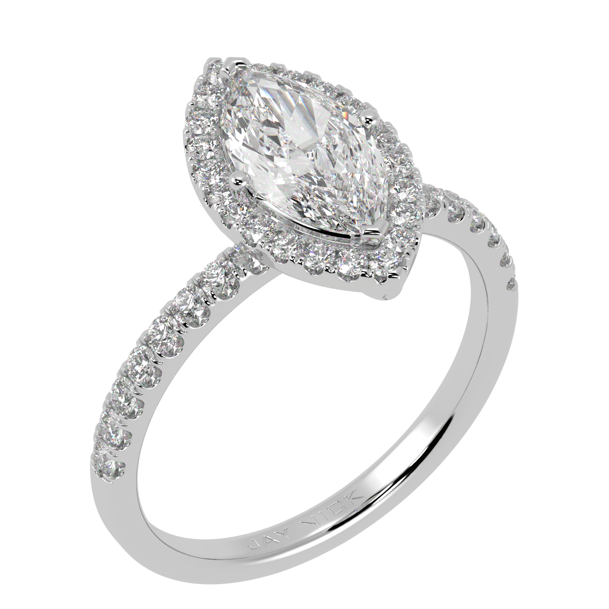 Modern Marquise Cut Halo Ring in white gold or platinum, perspective view