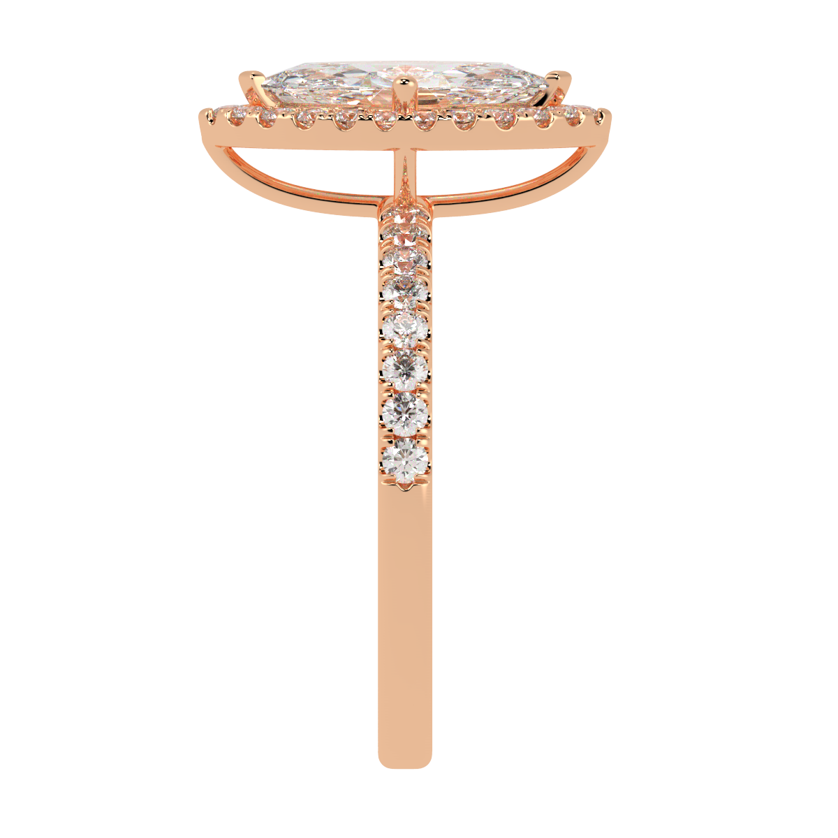 Modern Marquise Cut Halo Ring in rose gold, side view