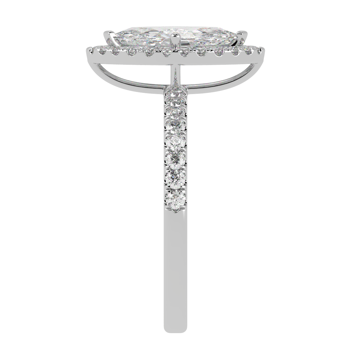 Modern Marquise Cut Halo Ring in white gold or platinum, side view