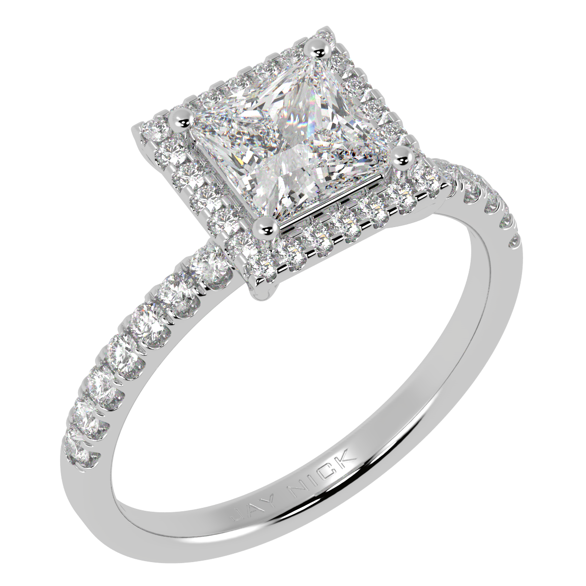 Modern Princess Cut Halo Ring in white gold or platinum, perspective view